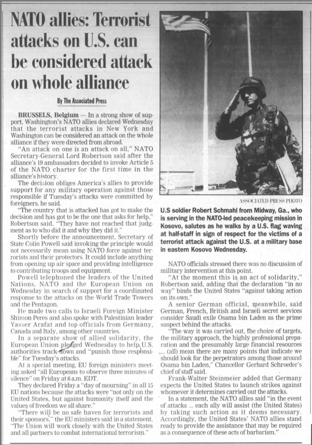 NATO allies: Terrorist attacks on U.S. can be considered attack on whole alliance